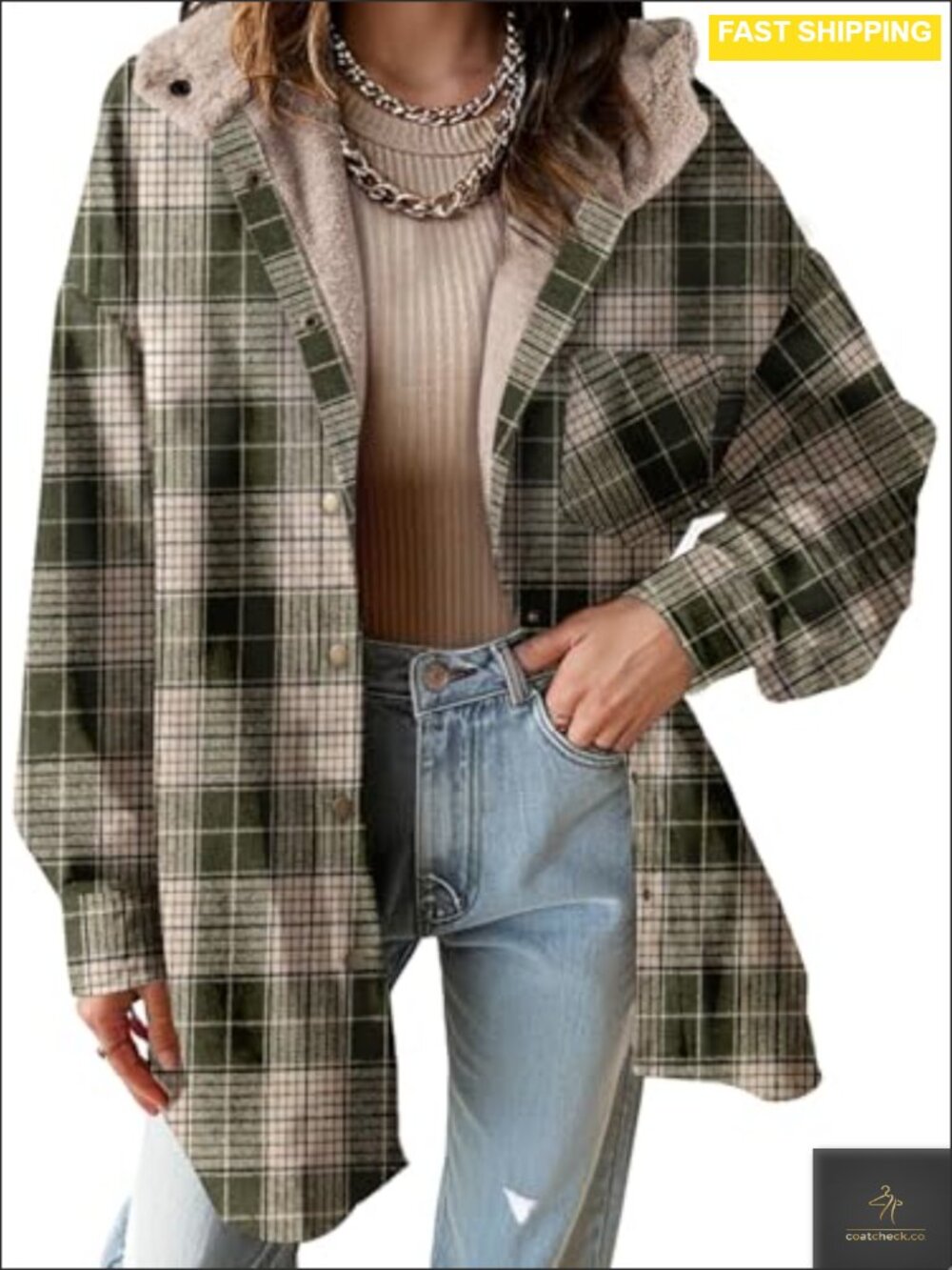 Plaid Flannel Hooded Shacket Button Down Oversized Loose Fit Long Sleeve